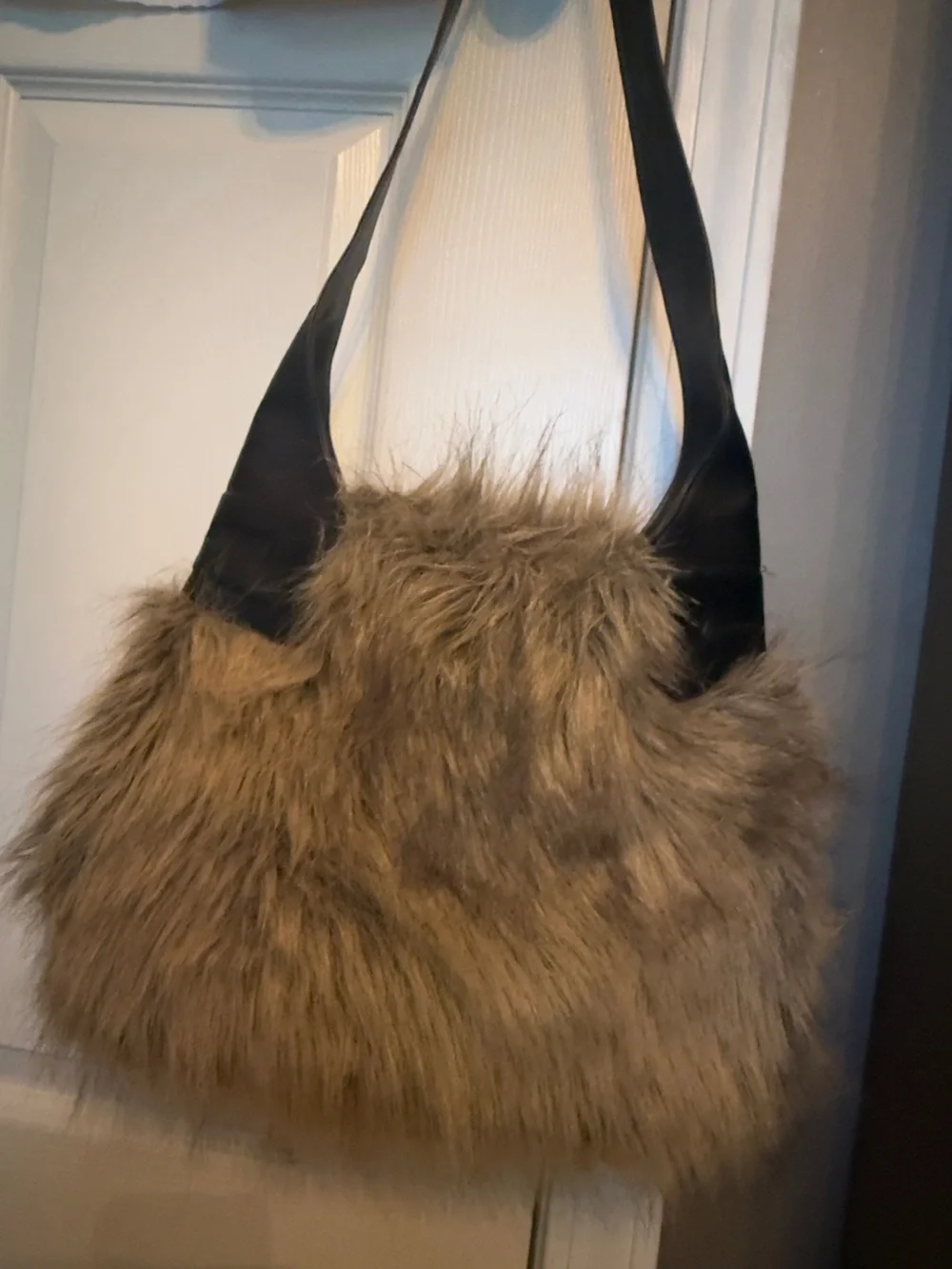 Faux Fur DKNY Shoulder Bag in Brown with Black Leather Strap